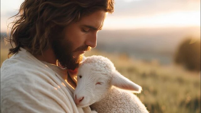 Gentle shepherd cradling lamb, representing divine compassion spiritual sacrificial love, depicting and redemption video 4k