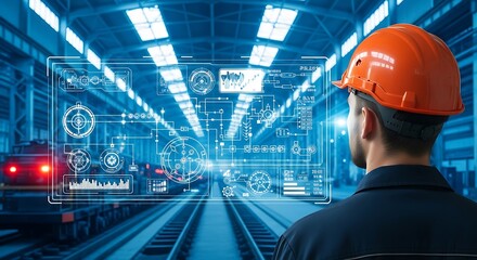 Engineer observing schematic interface in industrial factory setting