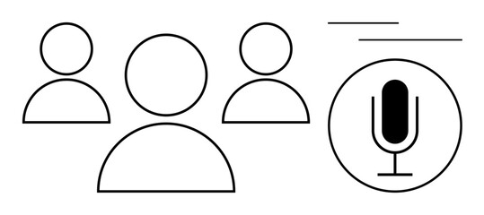 Abstract image with three outlined human figures and microphone icon, symbolizing team discussions, podcasts, voice recording, and group communication. Ideal for audio projects, teamwork, education