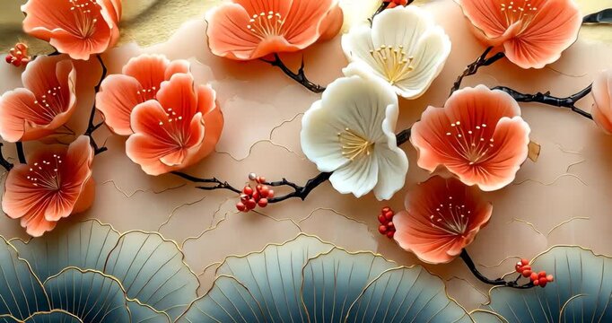 Close-up of a vibrant floral art piece with peach and white flowers, leaves, and gold accents.