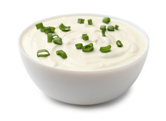 Tasty sour cream with green onions in bowl isolated on white