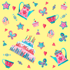 Birthday set. Watercolor illustration, poster.