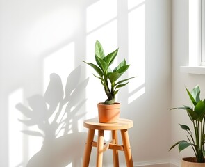 Minimalist Indoor Plant in Pot on Wooden Stool with Soft Natural Light in Scandinavian Style Interior