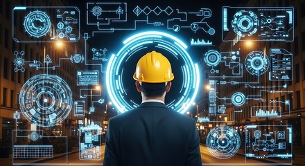 Engineer with futuristic digital interface overlay examining city plan