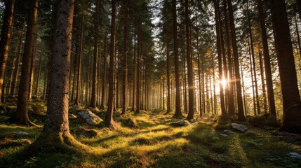 Obraz premium Sunset view with warm, golden sunlight streaming through a forest, illuminating the trees and creating a beautiful contrast