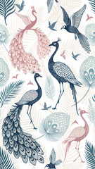Minimalist bird silhouettes pattern with graceful swallows, flamingos, and peacocks. Perfect for chic branding and textile prints