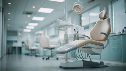 Fototapeta premium Clean sterile dental clinic with beige chair and lighting
