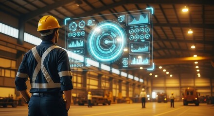 Factory worker analyzing futuristic data screen in industrial plant