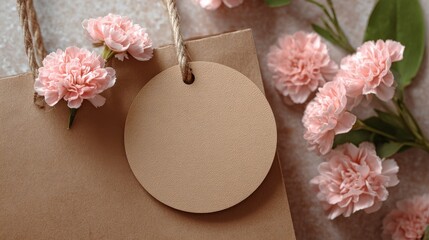 High-quality photo of round blank sticker mockup, circle tag mock up on kraft paper gift bag, adhesive thank you card, round product label, pink flowers.