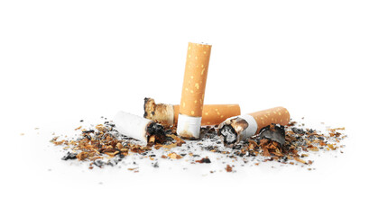 Cigarette butts with ash isolated on white