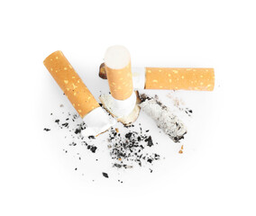 Cigarette butts with ash isolated on white