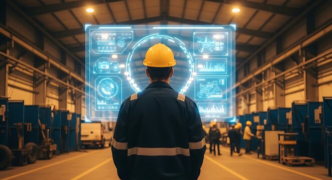 Factory worker inspecting futuristic digital interface information screen