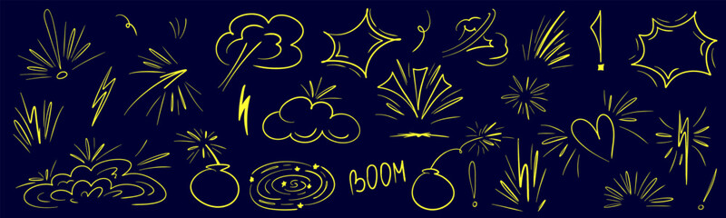 Exclamation element comic line set with bomb and cloud. Sketch comic line burst effect. Cartoon element shape with splash effect. Exclamation cartoon mark shape scribble.