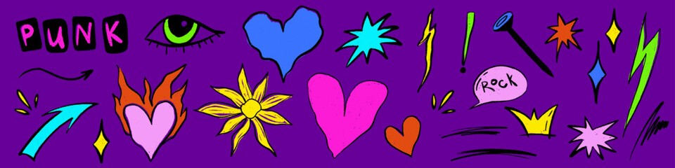 Doodle punk rock scribble set with heart, eye and crown. Sketch scribble doodle y2k punk element. Crayon vector hand drawn.