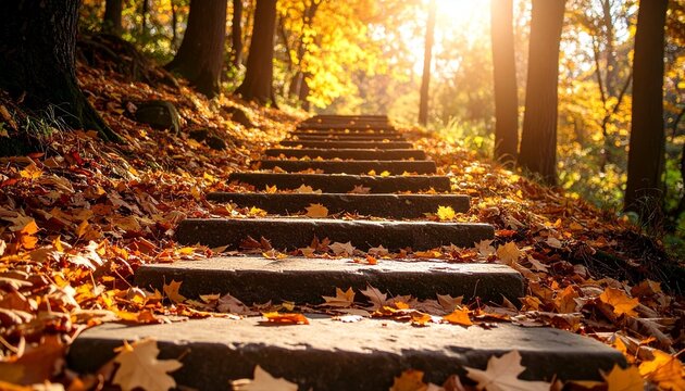 Stone forest steps covered in autumn leaves under warm sunlight, surrounded by yellow-orange trees in serene natural setting.