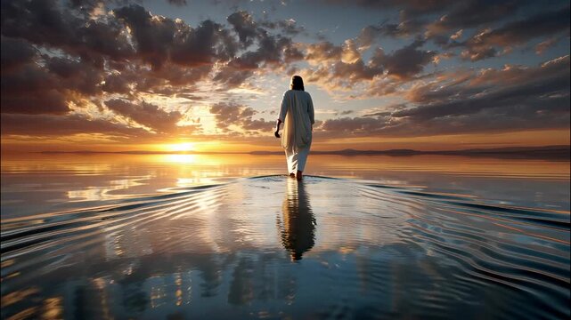 Jesus walks on water calm the during symbolizing beautiful a sunset, faith, miracles, and divine power video 4k
