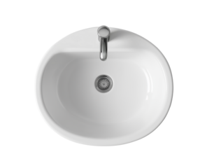 A top-down view of an oval-shaped white sink with brass hardware, centered on the canvas, set against a pure-white background for easy digital color application.  