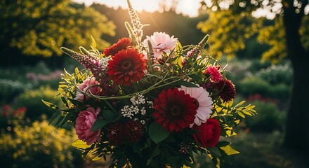 Obraz premium Flower Bouquet Displaying Red and Pink Blooms in Natural Setting