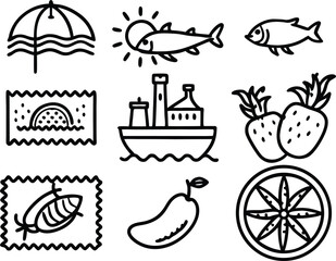 Hand-drawn line art icons: summer beach, seafood, boat, fruit, playful style.