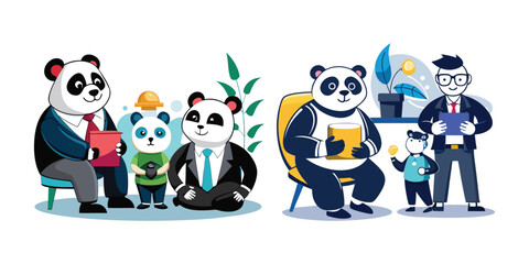 Business Panda Coaching Interns Vector – Corporate Animal Character Mentoring Scene for Office Posters, Educational Content, Workplace Humor, Branding, Presentations, and Marketing Materials