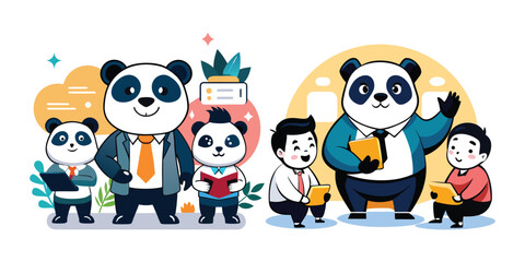 Business Panda Coaching Interns Vector – Corporate Animal Character Mentoring Scene for Office Posters, Educational Content, Workplace Humor, Branding, Presentations, and Marketing Materials