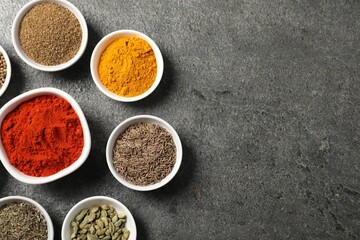 Different aromatic spices on grey table, flat lay. Space for text