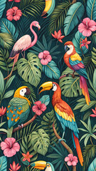 Colorful seamless pattern with toucans, flamingos, and parrots surrounded by tropical leaves and flowers. Perfect for summer-themed textiles and vibrant decor