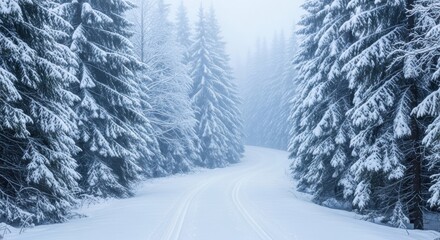 Obraz premium A winding path disappears into a misty, snowcovered forest of tall pine trees, evoking a serene winter landscape