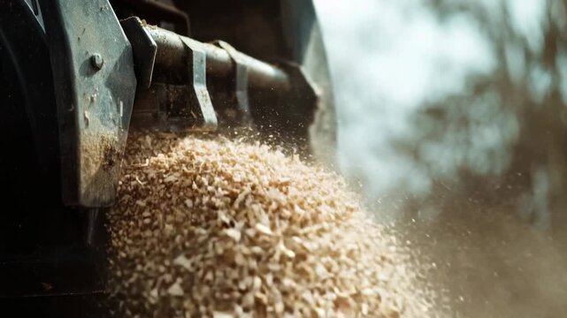 A pile of wood being processed by a machine, suitable for use in industry or construction settings