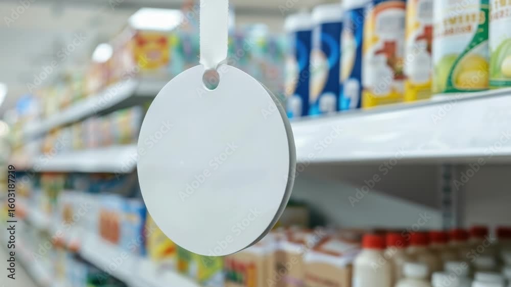 Poster a simple white sign hangs from the side of a store shelf, offering a blank canvas for customization