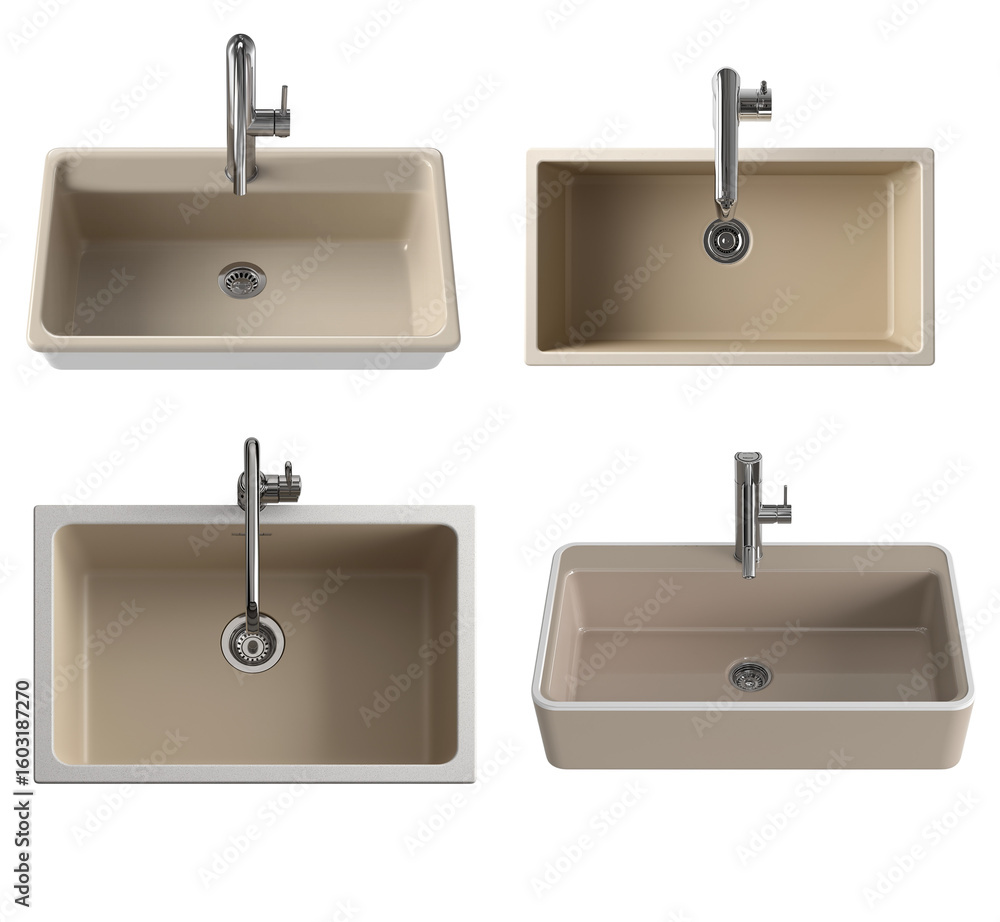 Fototapete A top-down view of an oval-shaped white sink with brass hardware, centered on the canvas, set against a pure-white background for easy digital color application.  