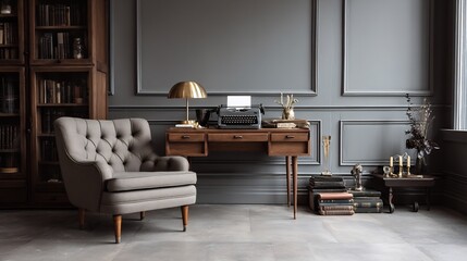 Elegant home office with vintage typewriter, armchair, and bookcase aesthetic