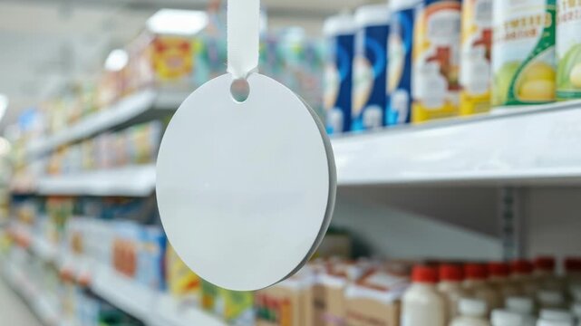 A simple white sign hangs from the side of a store shelf, offering a blank canvas for customization
