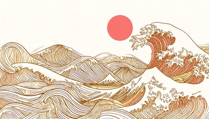 Japanese wave art illustration featuring ocean waves and a stylized sun