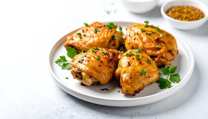 Roasted chicken thighs on a plate