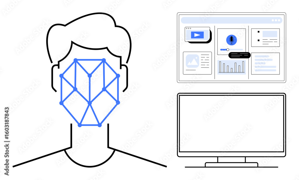 Poster face with recognition pattern, digital interface for data, and computer screen. ideal for identity a