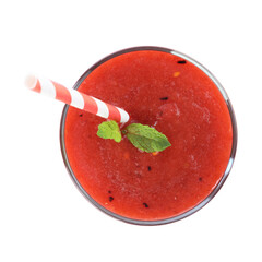 Superfood. Tasty smoothie in glass isolated on white, top view
