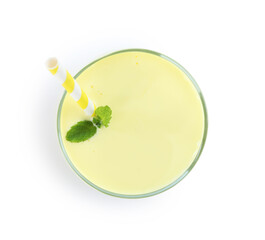 Superfood. Tasty smoothie in glass isolated on white, top view
