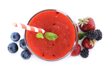 Superfood. Tasty smoothie in glass and ingredients isolated on white, top view