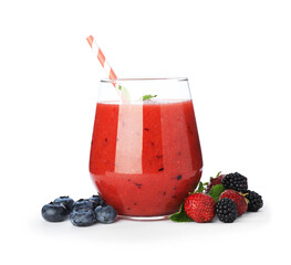 Superfood. Tasty smoothie in glass and ingredients isolated on white