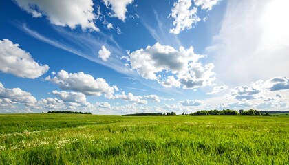Lush green field with a vibrant blue sky and scattered clouds on a sunny day
