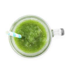 Superfood. Tasty smoothie in mason jar isolated on white, top view