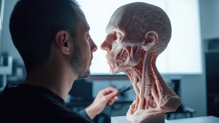 A person examines a detailed anatomical model of a human head and neck.