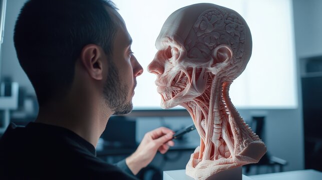 A person examines a detailed anatomical model of a human head and neck.