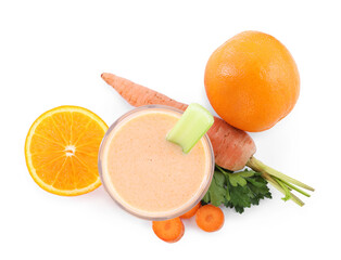 Superfood. Tasty smoothie in glass and ingredients isolated on white, top view