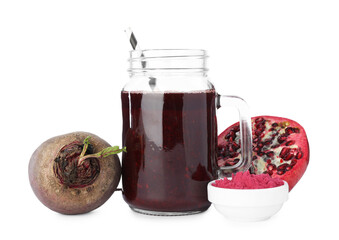 Superfood. Tasty smoothie and ingredients isolated on white