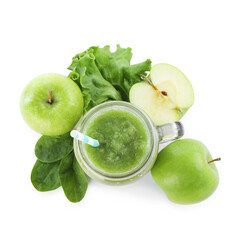 Superfood. Tasty smoothie and ingredients isolated on white, top view