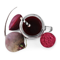 Superfood. Tasty smoothie and ingredients isolated on white, top view