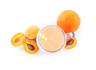 Superfood. Tasty smoothie and ingredients isolated on white, top view
