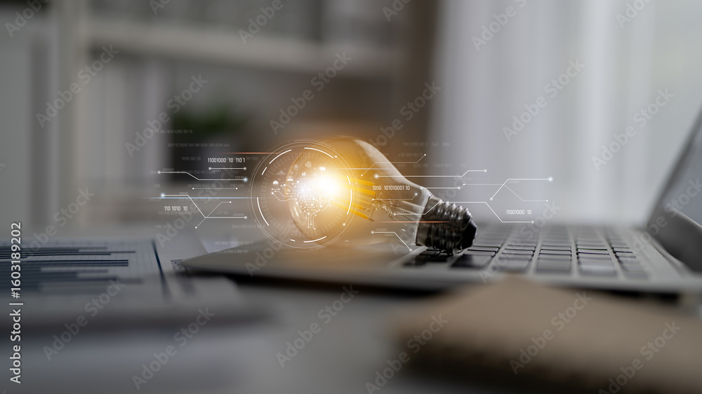 Poster ai artificial intelligence with digital brain and connected data circuit. ai core processes data, ai